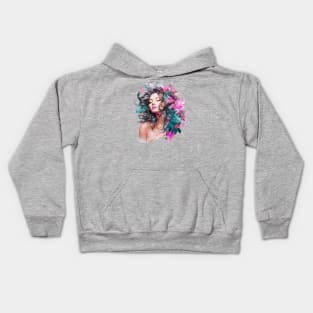 Boho Chic Goddess, Enchanting Feather Headdress Woman (Teal, Pink, and Gray) Kids Hoodie